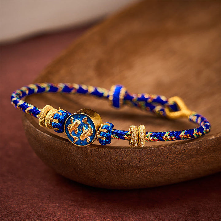Buddha Stones Braccialetto di forza con doppia carpa koi dorata, intrecciato a mano. - image 3