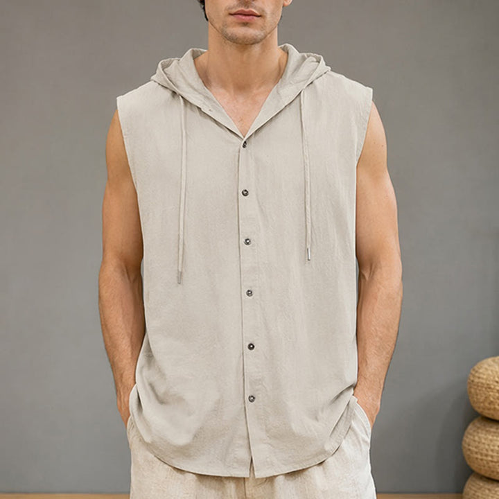 Buddha Stones Canotta da uomo estiva casual minimalista con bottoni e coulisse, tinta unita, senza maniche - Tan - US/UK/AU46, EU56 (3XL) - image 10