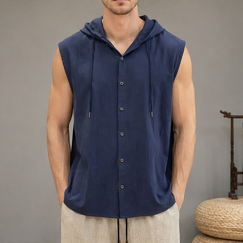 Buddha Stones Canotta da uomo estiva casual minimalista con bottoni e coulisse, tinta unita, senza maniche - Blu notte - US/UK/AU46, EU56 (3XL) - image 20