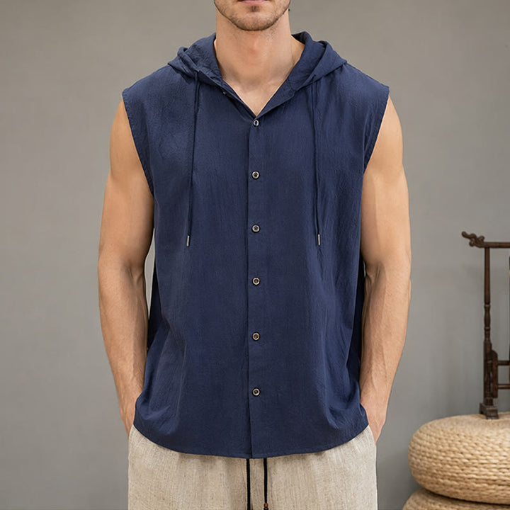 Buddha Stones Canotta da uomo estiva casual minimalista con bottoni e coulisse, tinta unita, senza maniche - Blu notte - US/UK/AU46, EU56 (3XL) - image 20