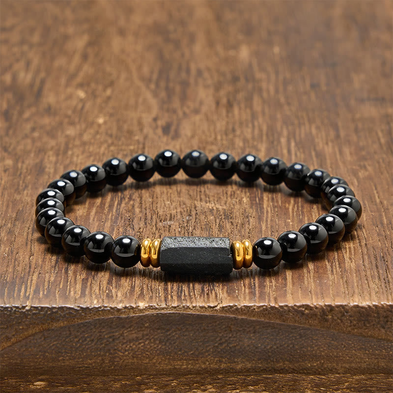 Buddha Stones Bracciale minimalista con perle rotonde, protezione in ossidiana nera e tormalina nera. - Ossidiana nera e tormalina nera (forma grezza allungata · dimensioni variabili) - 6 mm (Circonferenza del polso: 14-15 cm) - image 0