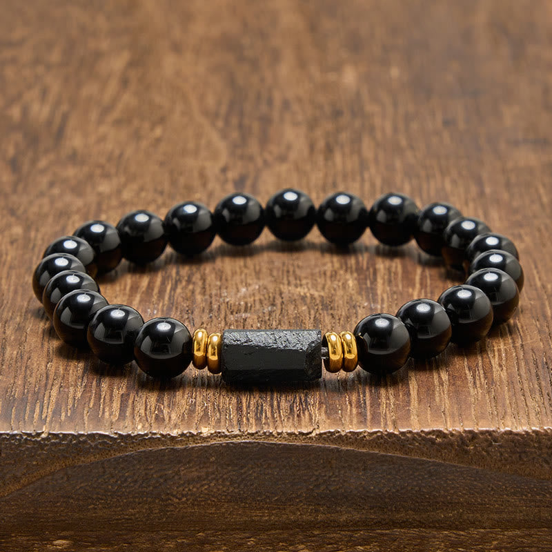 Buddha Stones Bracciale minimalista con perle rotonde, protezione in ossidiana nera e tormalina nera. - Ossidiana nera e tormalina nera (forma grezza allungata · dimensioni variabili) - 8 mm (Circonferenza del polso: 15-16 cm) - image 8
