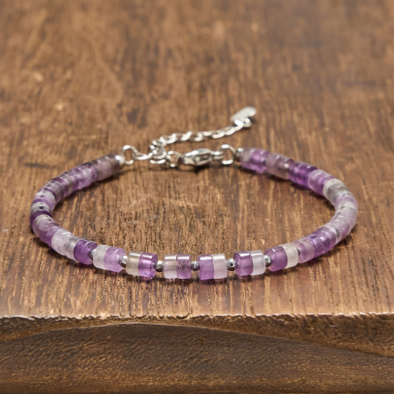 Buddha Stones Braccialetto con perline piatte, ametista, occhio di tigre, quarzo rosa, diaspro blu maculato e ossidiana nera, ideale per la calma e la tranquillità. - Ametista (Circonferenza del polso: 16-18 cm) - image 0