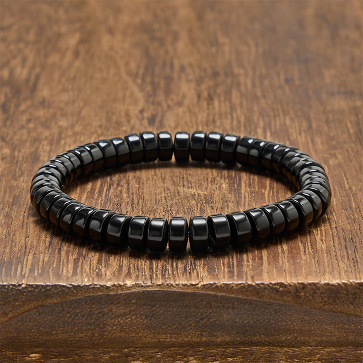 Buddha Stones Bracciale rinforzato con perline sfaccettate di ossidiana nera naturale a taglio dritto. - Ossidiana nera (Circonferenza del polso: 15-16 cm) - image 0