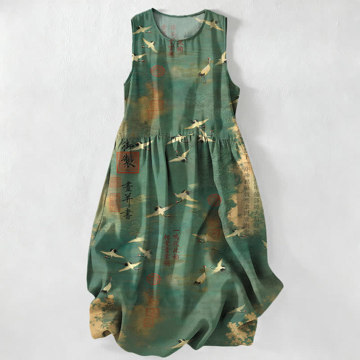 Buddha Stones Abito midi estivo casual da donna con motivo calligrafico di gru volanti orientali e tasche. - Verde mare - US16, UK/AU20, EU48 (3XL) - image 0