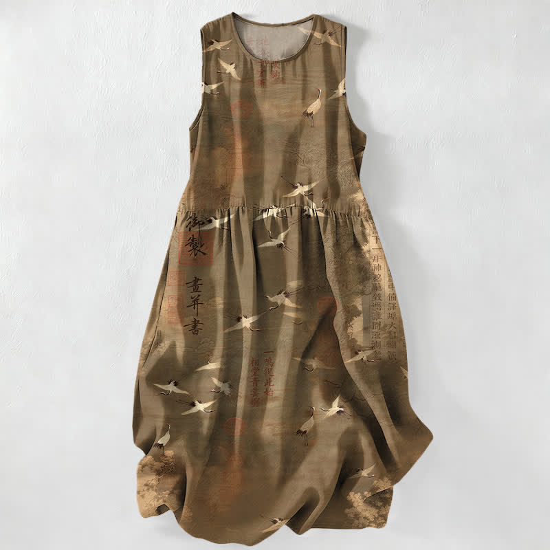 Buddha Stones Abito midi estivo casual da donna con motivo calligrafico di gru volanti orientali e tasche. - Verga d'oro scura - US16, UK/AU20, EU48 (3XL) - image 4