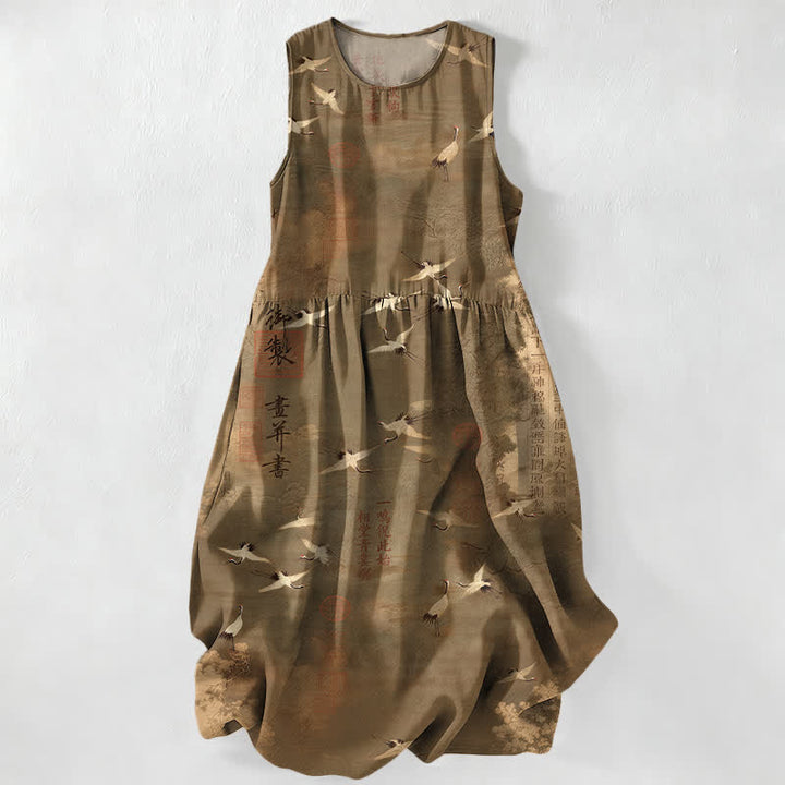 Buddha Stones Abito midi estivo casual da donna con motivo calligrafico di gru volanti orientali e tasche. - Verga d'oro scura - US16, UK/AU20, EU48 (3XL) - image 4