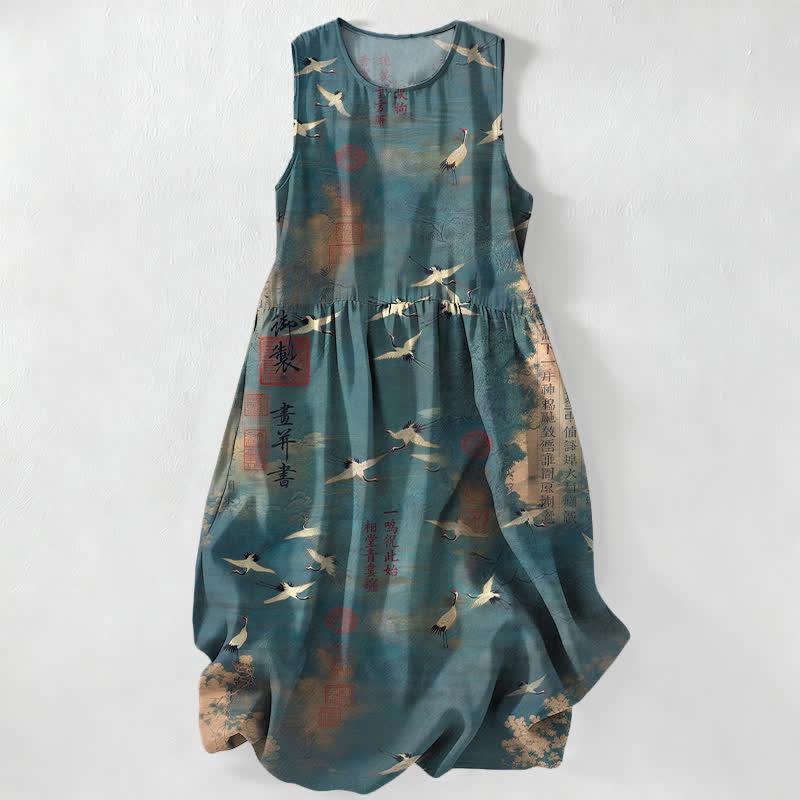 Buddha Stones Abito midi estivo casual da donna con motivo calligrafico di gru volanti orientali e tasche. - Cadetto Blu - US16, UK/AU20, EU48 (3XL) - image 5