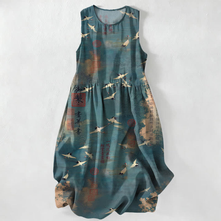 Buddha Stones Abito midi estivo casual da donna con motivo calligrafico di gru volanti orientali e tasche. - Cadetto Blu - US16, UK/AU20, EU48 (3XL) - image 5