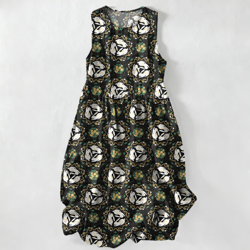 Buddha Stones Abito midi estivo casual da donna con motivo floreale vintage a medaglioni e foglie, senza maniche e con tasche. - Nero - US16, UK/AU20, EU48 (3XL) - image 0