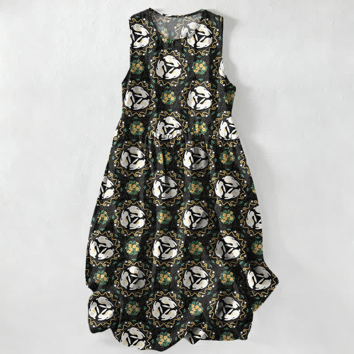 Buddha Stones Abito midi estivo casual da donna con motivo floreale vintage a medaglioni e foglie, senza maniche e con tasche. - Nero - US16, UK/AU20, EU48 (3XL) - image 0