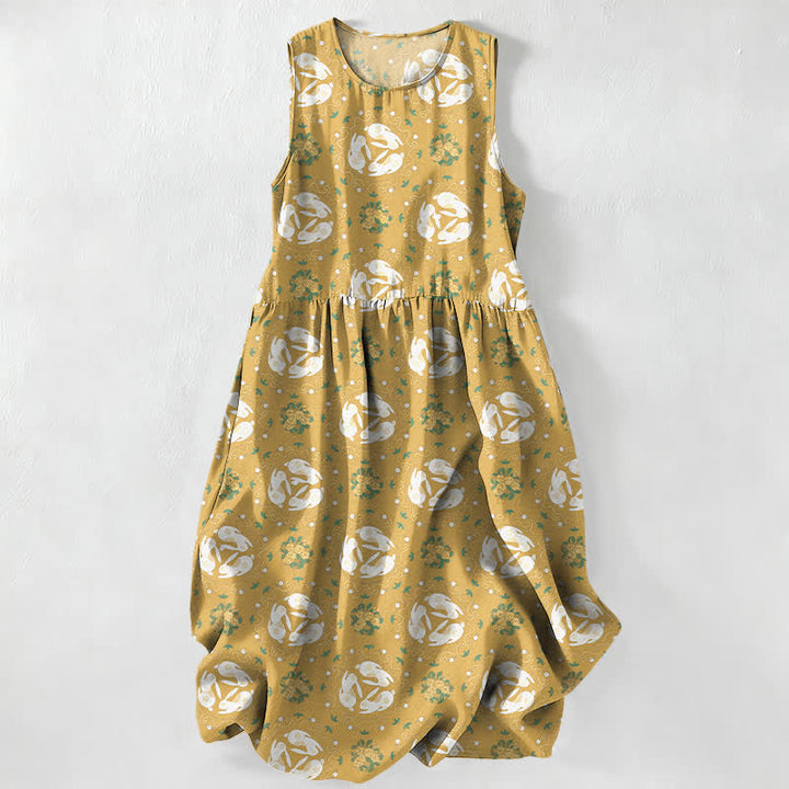Buddha Stones Abito midi estivo casual da donna con motivo floreale vintage a medaglioni e foglie, senza maniche e con tasche. - Verga d'oro - US16, UK/AU20, EU48 (3XL) - image 4