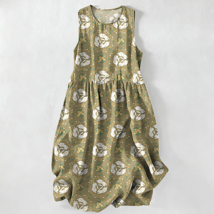 Buddha Stones Abito midi estivo casual da donna con motivo floreale vintage a medaglioni e foglie, senza maniche e con tasche. - Verde oliva - US16, UK/AU20, EU48 (3XL) - image 5