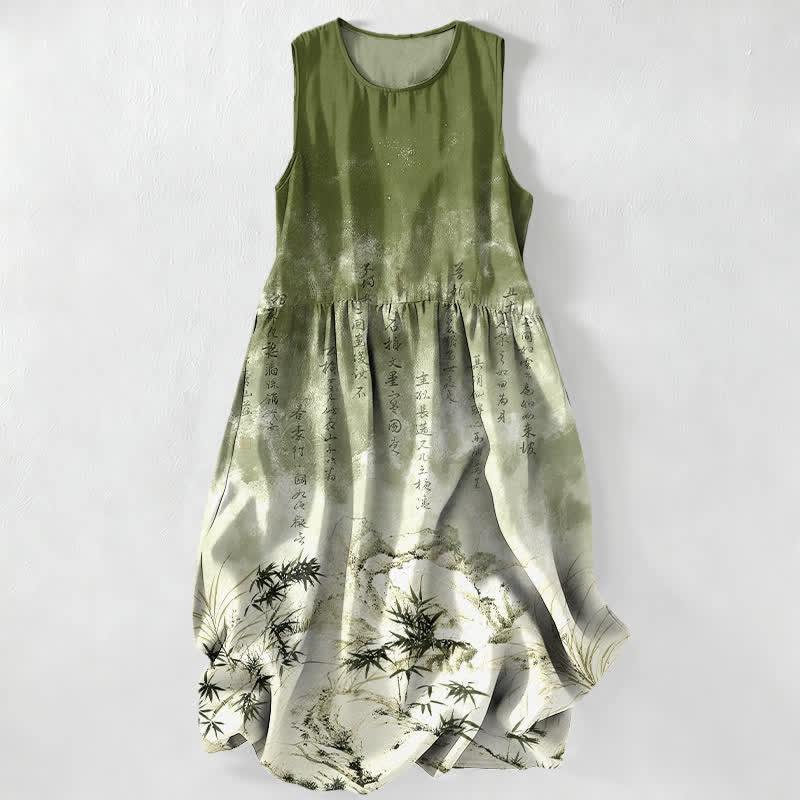 Buddha Stones Abito midi estivo casual da donna con stampa paesaggio di bambù e inchiostro, senza maniche e tasche. - Verde oliva - US16, UK/AU20, EU48 (3XL) - image 0
