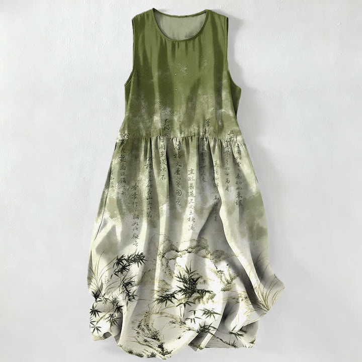 Buddha Stones Abito midi estivo casual da donna con stampa paesaggio di bambù e inchiostro, senza maniche e tasche. - Verde oliva - US16, UK/AU20, EU48 (3XL) - image 0
