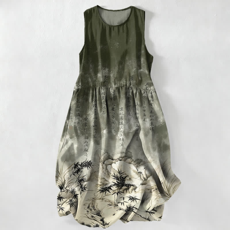 Buddha Stones Abito midi estivo casual da donna con stampa paesaggio di bambù e inchiostro, senza maniche e tasche. - Nero - US16, UK/AU20, EU48 (3XL) - image 4