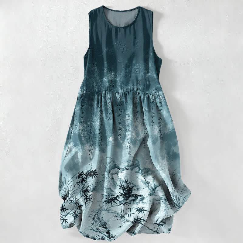 Buddha Stones Abito midi estivo casual da donna con stampa paesaggio di bambù e inchiostro, senza maniche e tasche. - Verde acqua - US16, UK/AU20, EU48 (3XL) - image 5