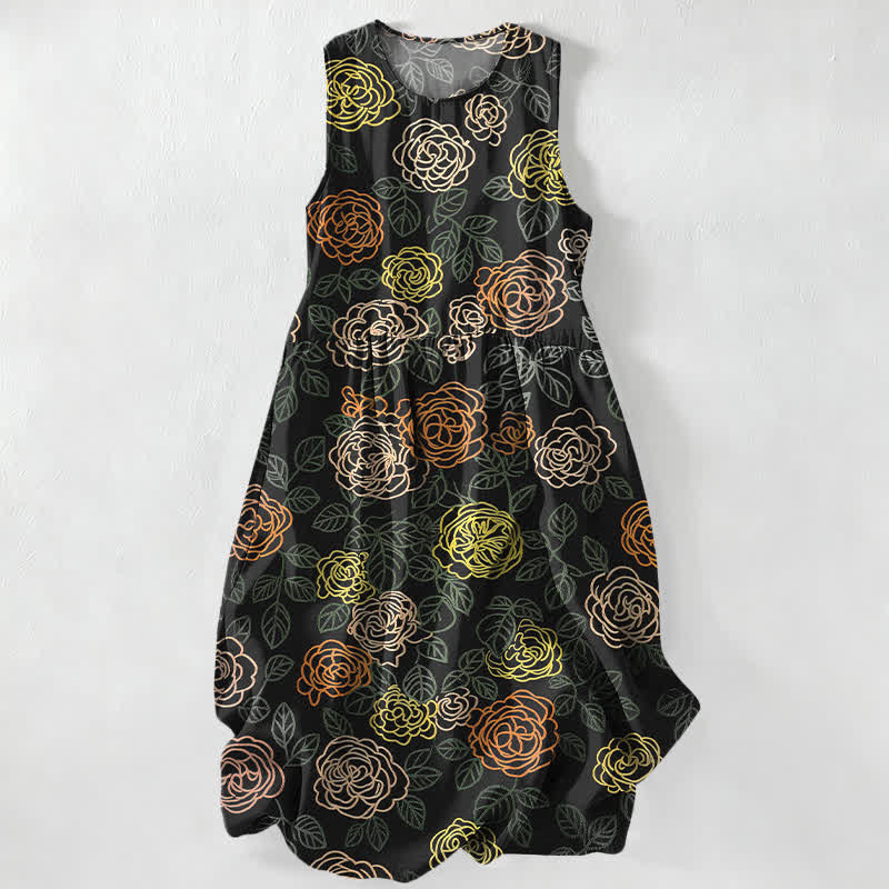 Buddha Stones Abito midi estivo da donna senza maniche con motivo floreale colorato e tasche, ideale per l'estate. - Nero - US16, UK/AU20, EU48 (3XL) - image 0