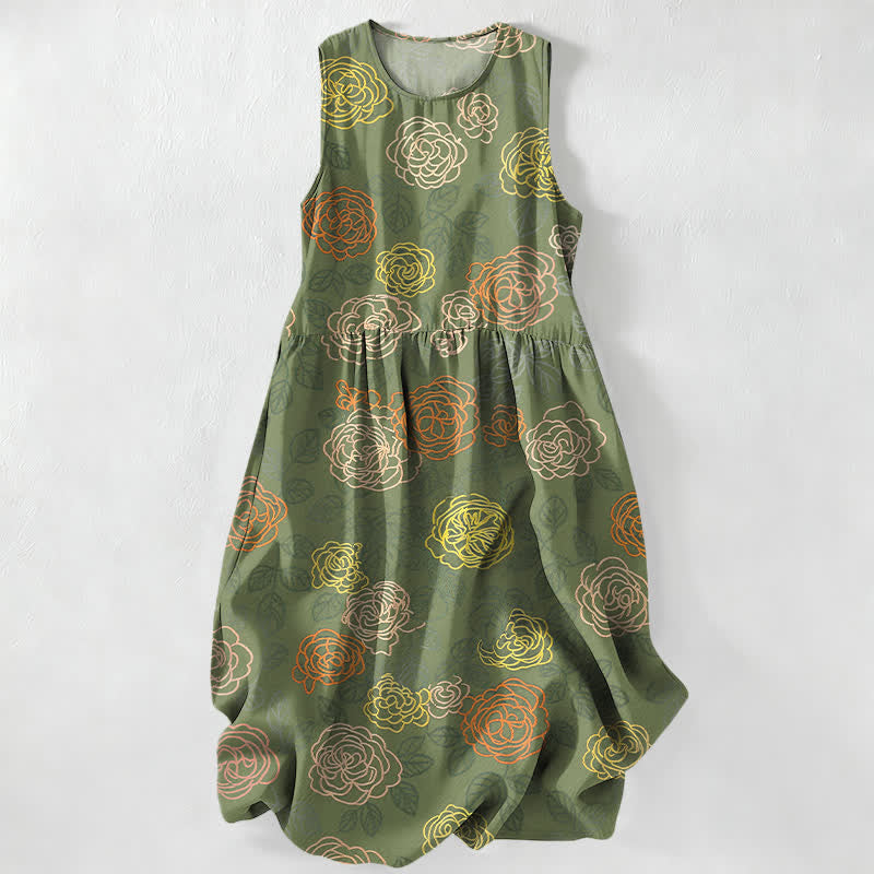 Buddha Stones Abito midi estivo da donna senza maniche con motivo floreale colorato e tasche, ideale per l'estate. - Verde oliva scuro - US16, UK/AU20, EU48 (3XL) - image 5