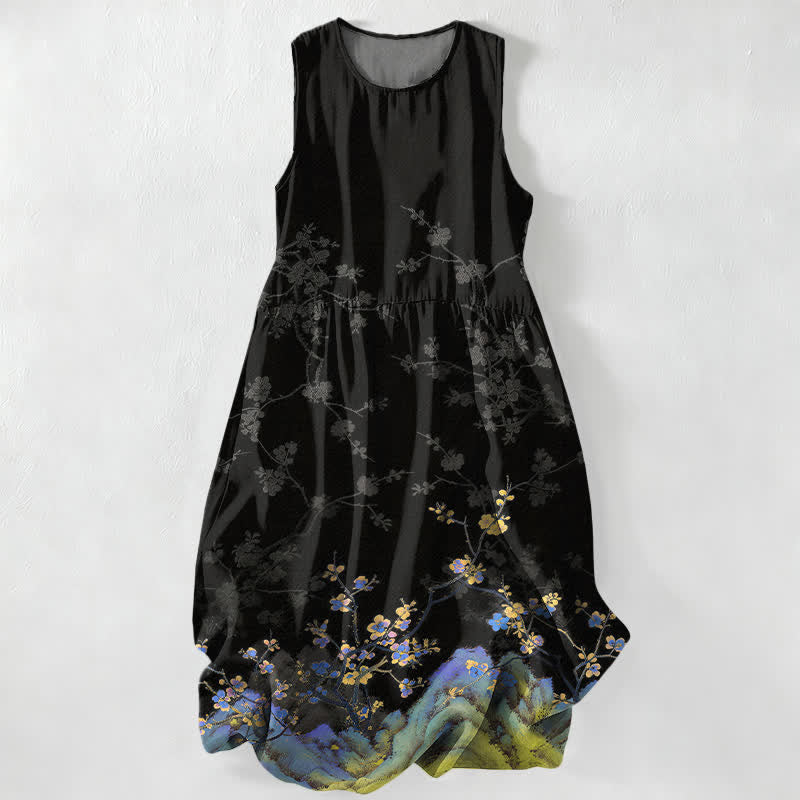 Buddha Stones Abito midi estivo casual da donna con motivo floreale vintage e rami, senza maniche, con tasche. - Nero - US16, UK/AU20, EU48 (3XL) - image 0