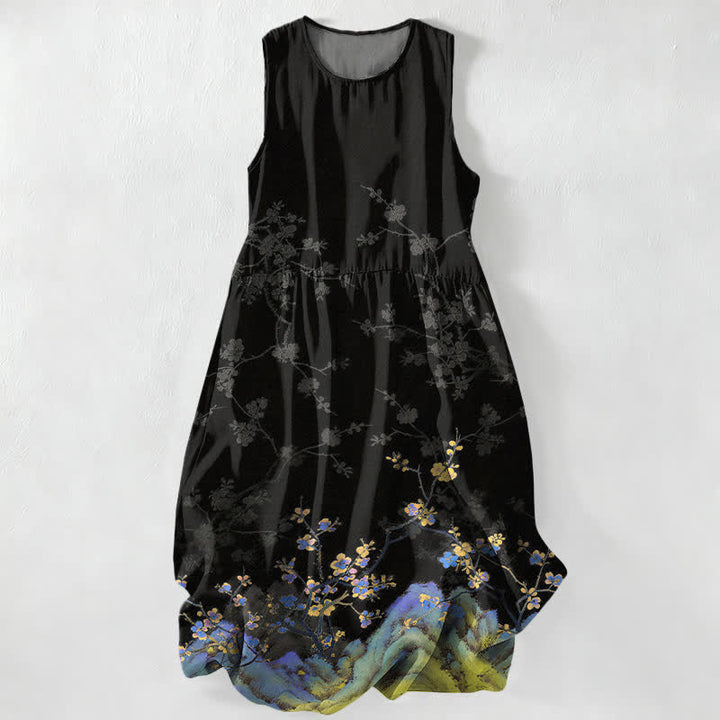 Buddha Stones Abito midi estivo casual da donna con motivo floreale vintage e rami, senza maniche, con tasche. - Nero - US16, UK/AU20, EU48 (3XL) - image 0