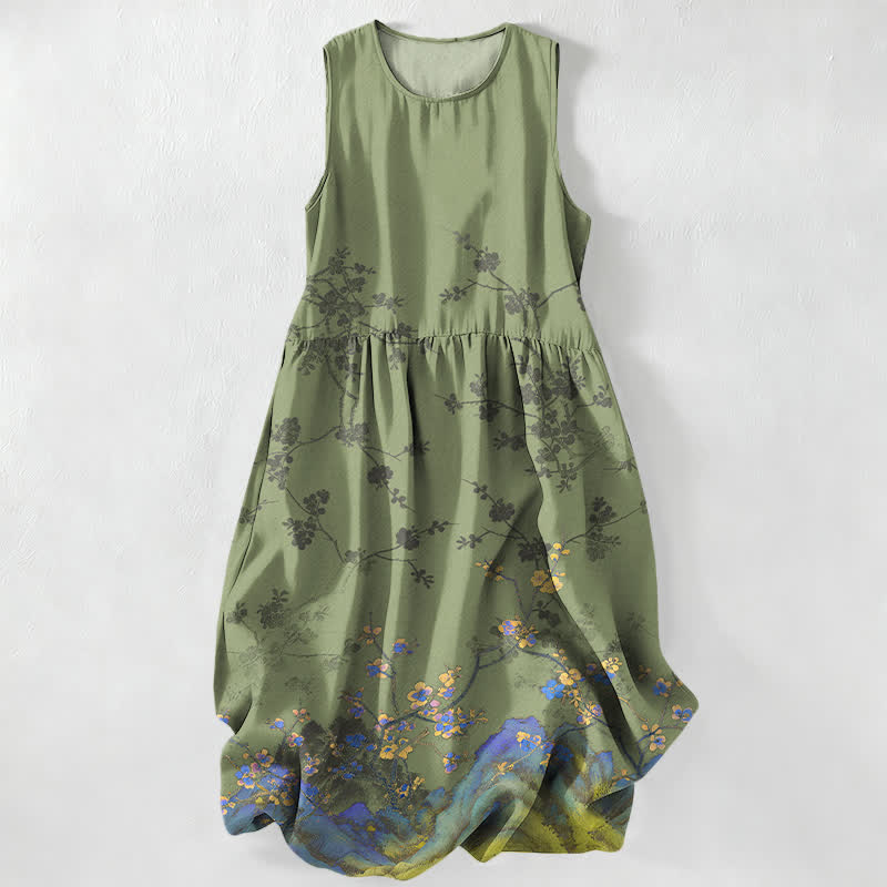 Buddha Stones Abito midi estivo casual da donna con motivo floreale vintage e rami, senza maniche, con tasche. - Verde oliva - US16, UK/AU20, EU48 (3XL) - image 4