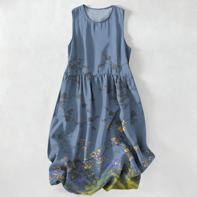 Buddha Stones Abito midi estivo casual da donna con motivo floreale vintage e rami, senza maniche, con tasche. - Grigio ardesia - US16, UK/AU20, EU48 (3XL) - image 5