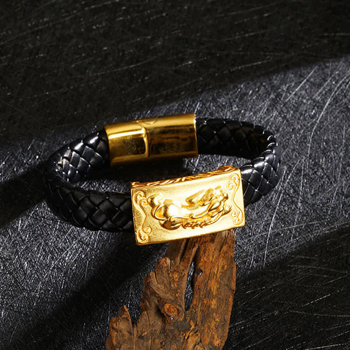 Buddha Stones Braccialetto portafortuna in pelle intrecciata con il personaggio Pi Xiu Fu - Targa Pixiu - image 0