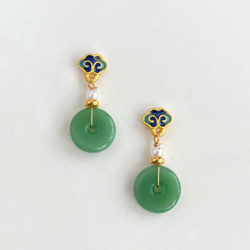 Buddha Stones Orecchini pendenti rotondi con fibbia della pace e portafortuna di Liuli, verdi. - image 1