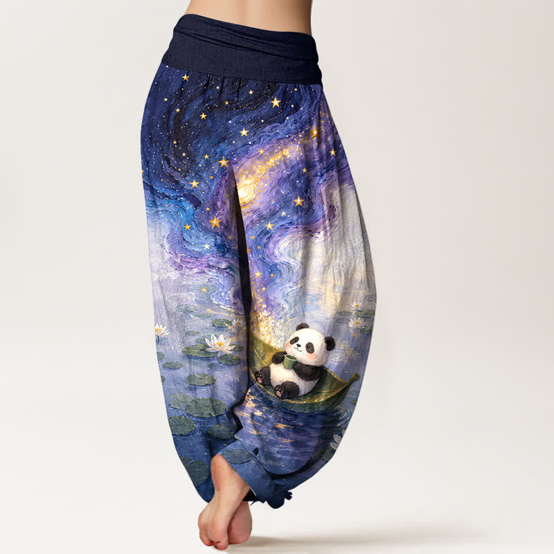 Buddha Stones Pantaloni harem da donna in puro cotone con motivo panda e loto stellato, con elastico in vita. - image 1