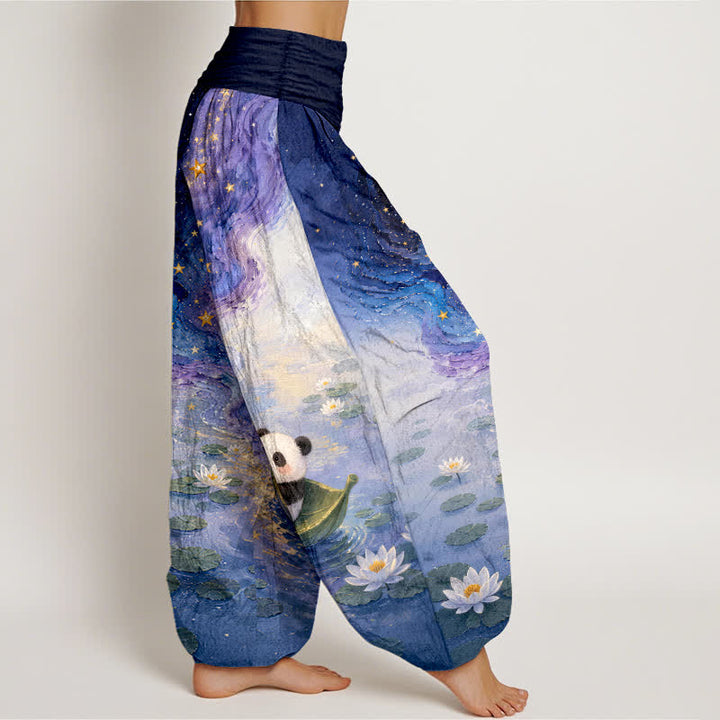 Buddha Stones Pantaloni harem da donna in puro cotone con motivo panda e loto stellato, con elastico in vita. - image 2