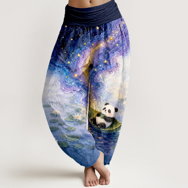 Buddha Stones Pantaloni harem da donna in puro cotone con motivo panda e loto stellato, con elastico in vita. - Marina - US16, UK/AU20, EU48 (3XL) - image 0