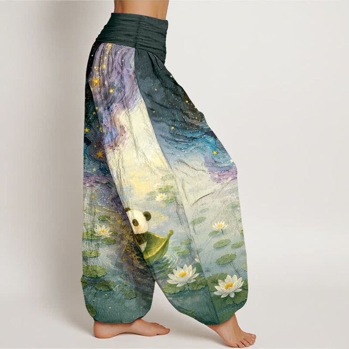 Buddha Stones Pantaloni harem da donna in puro cotone con motivo panda e loto stellato, con elastico in vita. - image 7