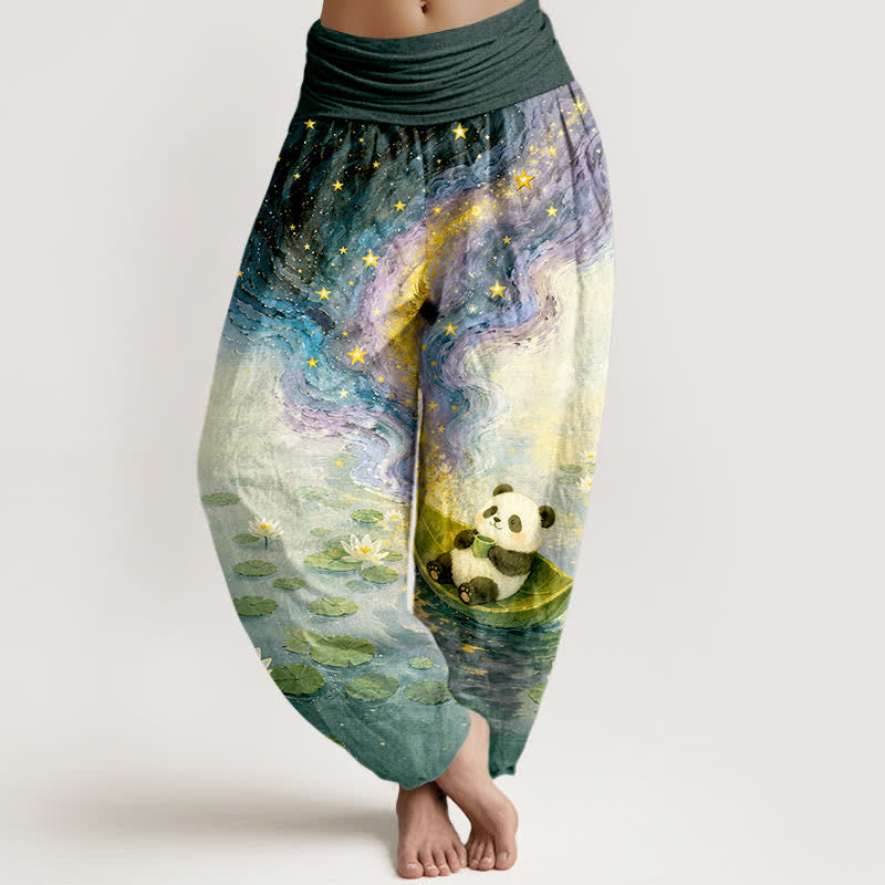 Buddha Stones Pantaloni harem da donna in puro cotone con motivo panda e loto stellato, con elastico in vita. - Verde acqua - US16, UK/AU20, EU48 (3XL) - image 5
