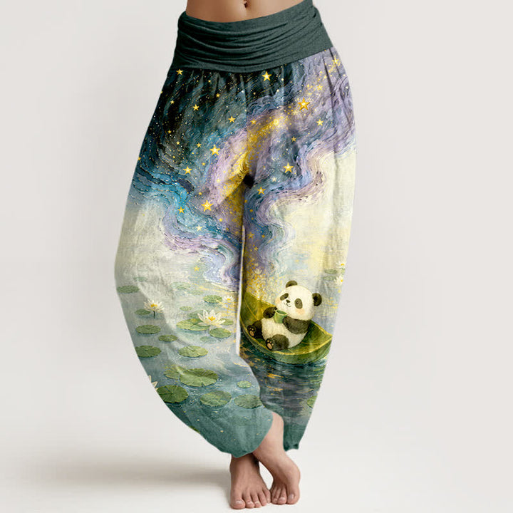 Buddha Stones Pantaloni harem da donna in puro cotone con motivo panda e loto stellato, con elastico in vita. - Verde acqua - US16, UK/AU20, EU48 (3XL) - image 5