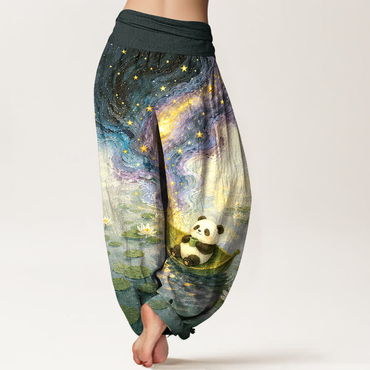Buddha Stones Pantaloni harem da donna in puro cotone con motivo panda e loto stellato, con elastico in vita. - image 6