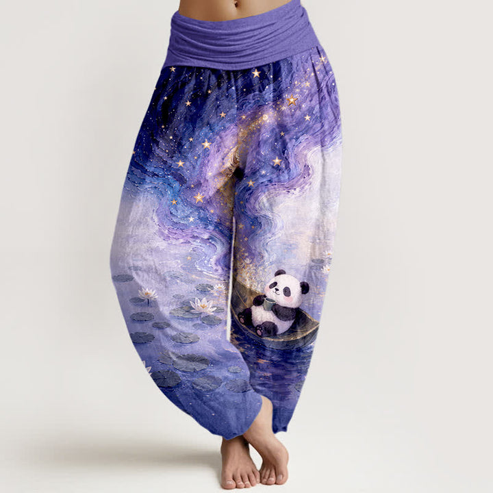 Buddha Stones Pantaloni harem da donna in puro cotone con motivo panda e loto stellato, con elastico in vita. - Blu Ardesia - US16, UK/AU20, EU48 (3XL) - image 8
