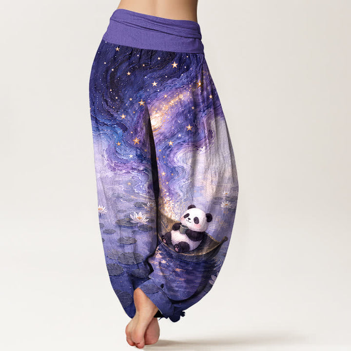 Buddha Stones Pantaloni harem da donna in puro cotone con motivo panda e loto stellato, con elastico in vita. - image 9