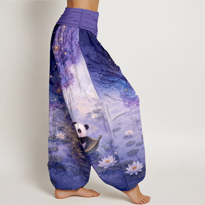 Buddha Stones Pantaloni harem da donna in puro cotone con motivo panda e loto stellato, con elastico in vita. - image 10