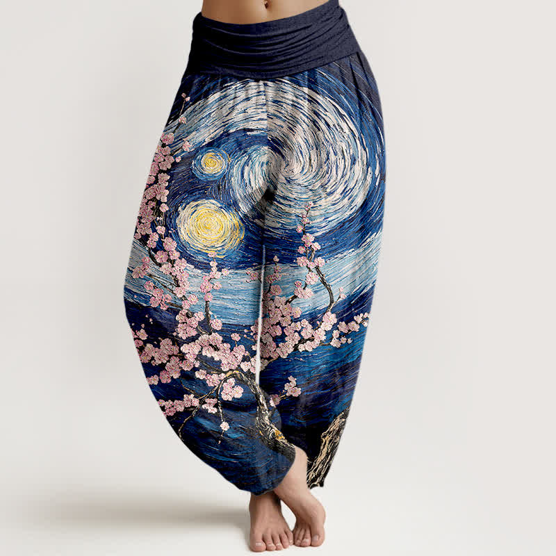 Buddha Stones Pantaloni harem da donna in puro cotone con motivo a spirale e fiori stellati, vita elasticizzata. - Marina - US16, UK/AU20, EU48 (3XL) - image 0