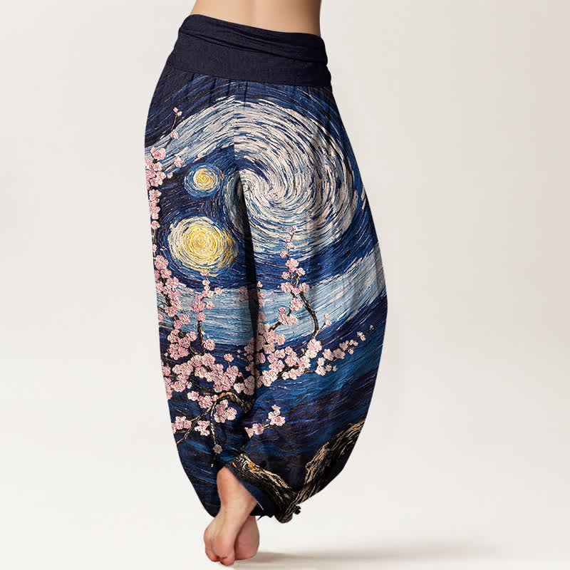Buddha Stones Pantaloni harem da donna in puro cotone con motivo a spirale e fiori stellati, vita elasticizzata. - image 1