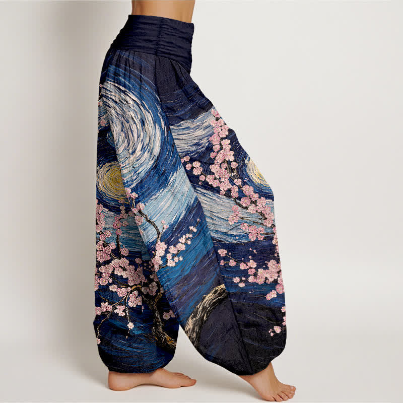 Buddha Stones Pantaloni harem da donna in puro cotone con motivo a spirale e fiori stellati, vita elasticizzata. - image 2