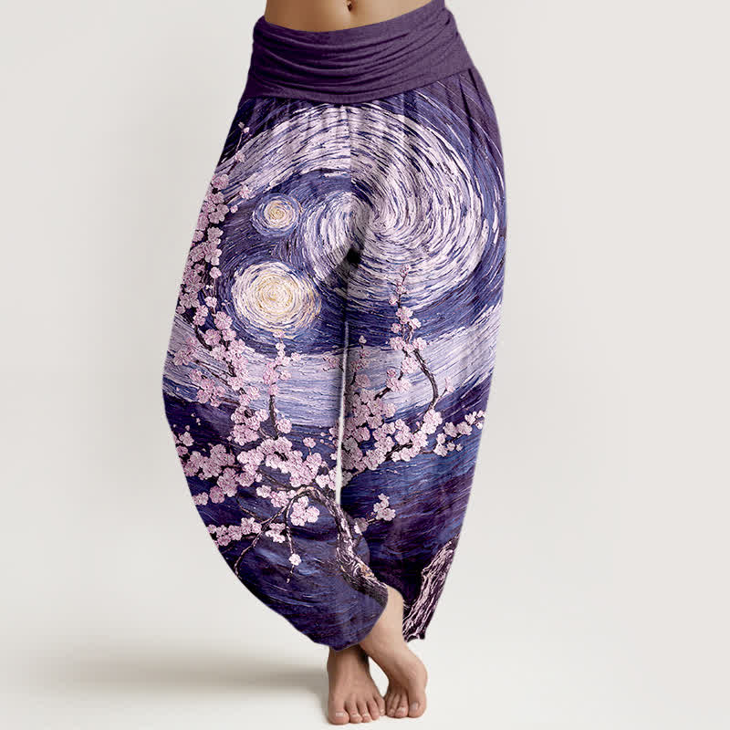 Buddha Stones Pantaloni harem da donna in puro cotone con motivo a spirale e fiori stellati, vita elasticizzata. - Indaco - US16, UK/AU20, EU48 (3XL) - image 5
