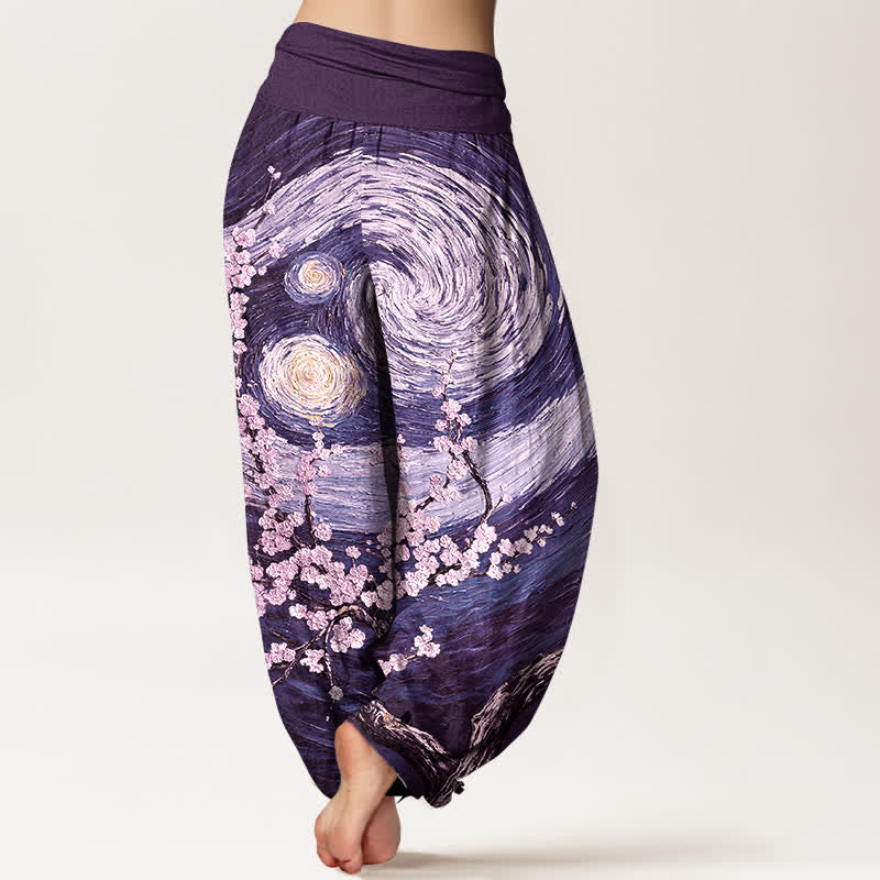 Buddha Stones Pantaloni harem da donna in puro cotone con motivo a spirale e fiori stellati, vita elasticizzata. - image 6