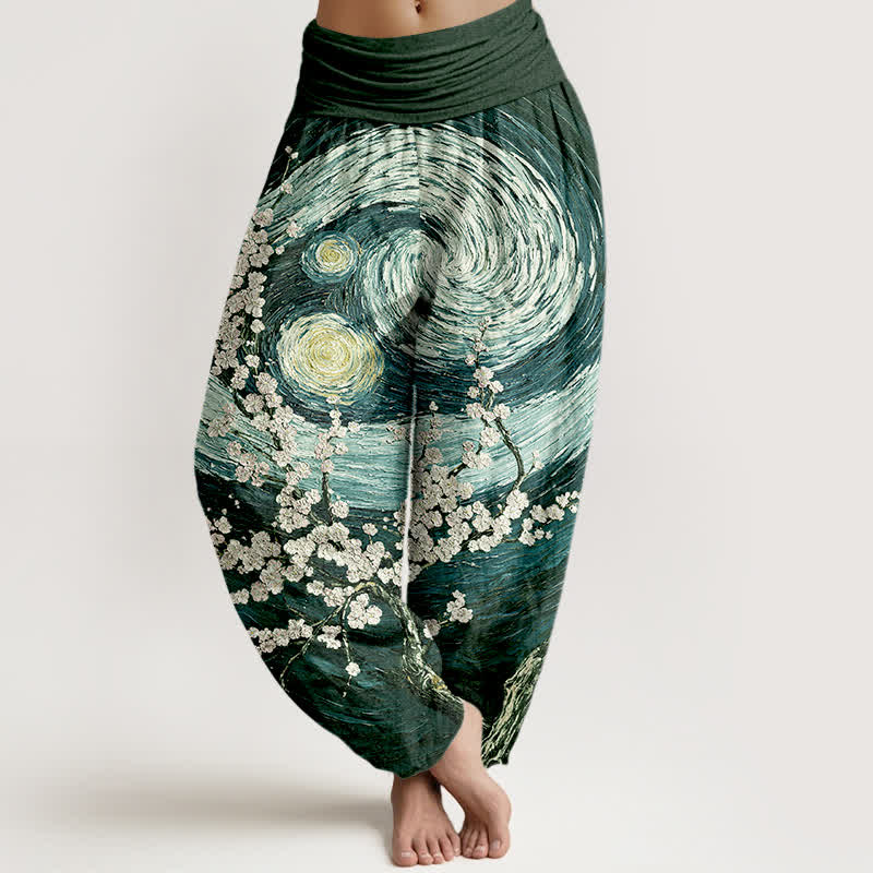 Buddha Stones Pantaloni harem da donna in puro cotone con motivo a spirale e fiori stellati, vita elasticizzata. - Verde scuro - US16, UK/AU20, EU48 (3XL) - image 8