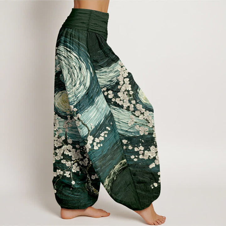 Buddha Stones Pantaloni harem da donna in puro cotone con motivo a spirale e fiori stellati, vita elasticizzata. - image 10