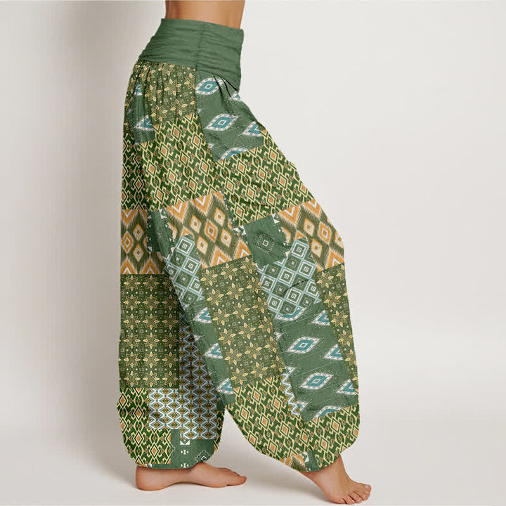 Buddha Stones Pantaloni harem da donna in puro cotone con motivo patchwork geometrico bohémien e vita elasticizzata. - image 2