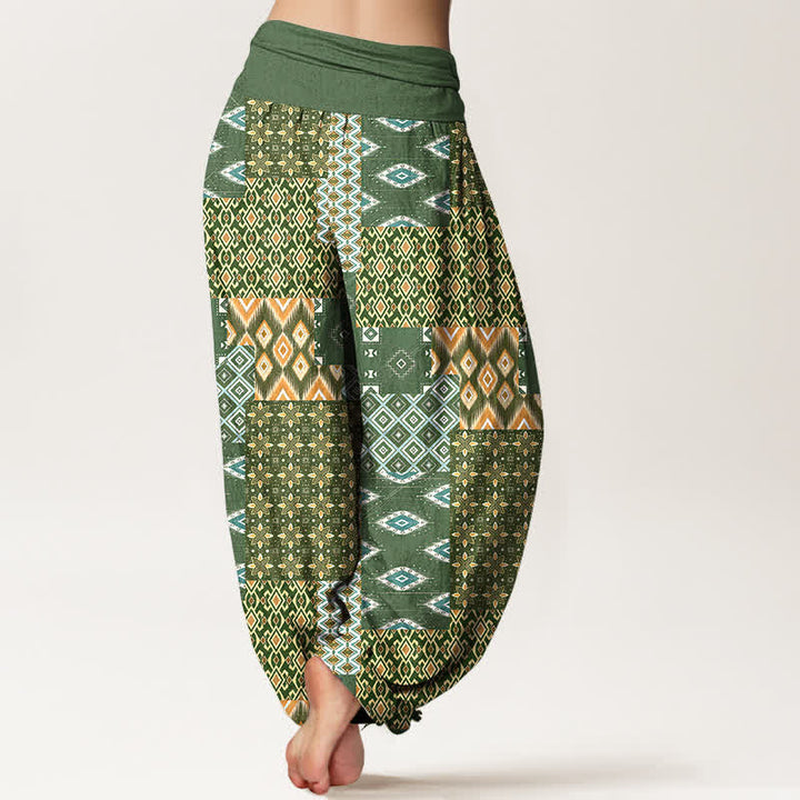 Buddha Stones Pantaloni harem da donna in puro cotone con motivo patchwork geometrico bohémien e vita elasticizzata. - image 1