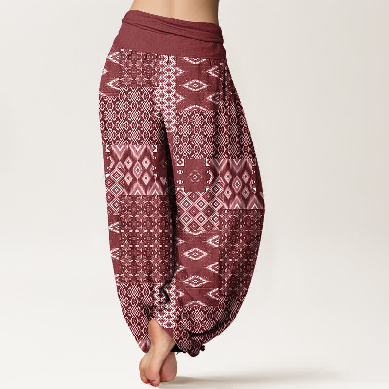 Buddha Stones Pantaloni harem da donna in puro cotone con motivo patchwork geometrico bohémien e vita elasticizzata. - image 6