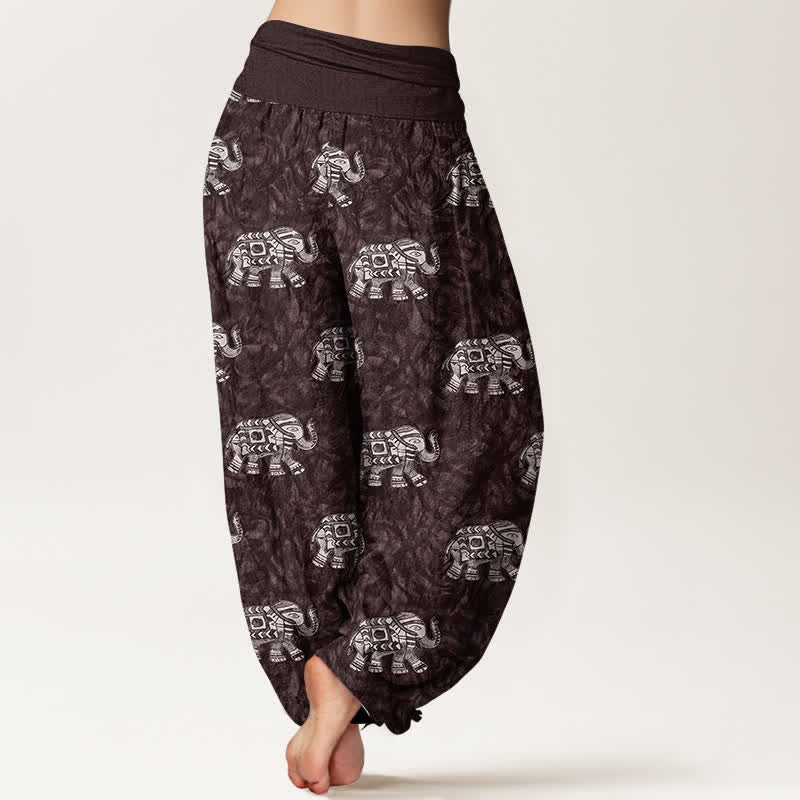 Buddha Stones Pantaloni harem da donna in puro cotone con fantasia a elefanti bianchi e elastico in vita. - image 1
